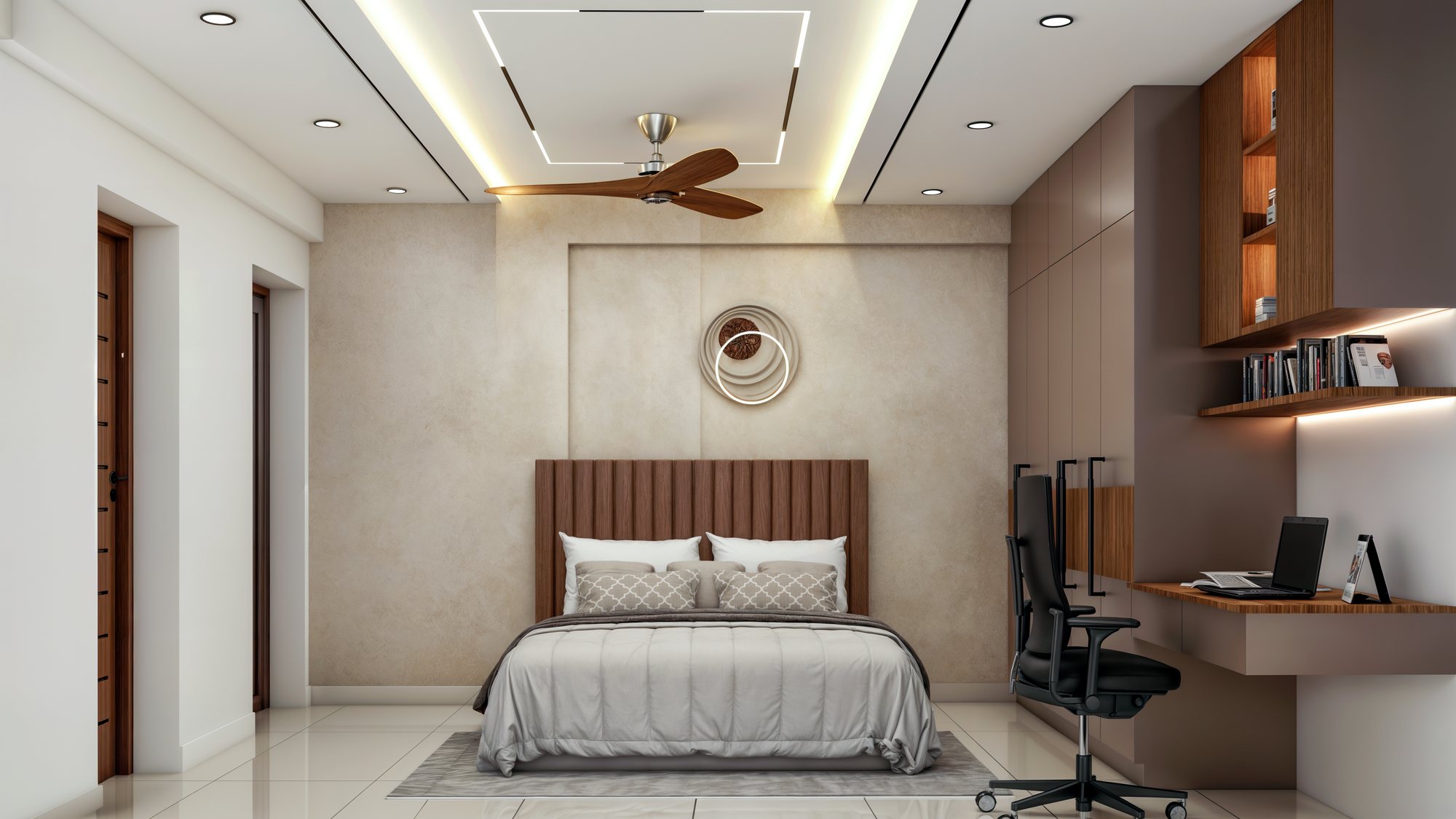Guest bedroom with neutral finishes and integrated study