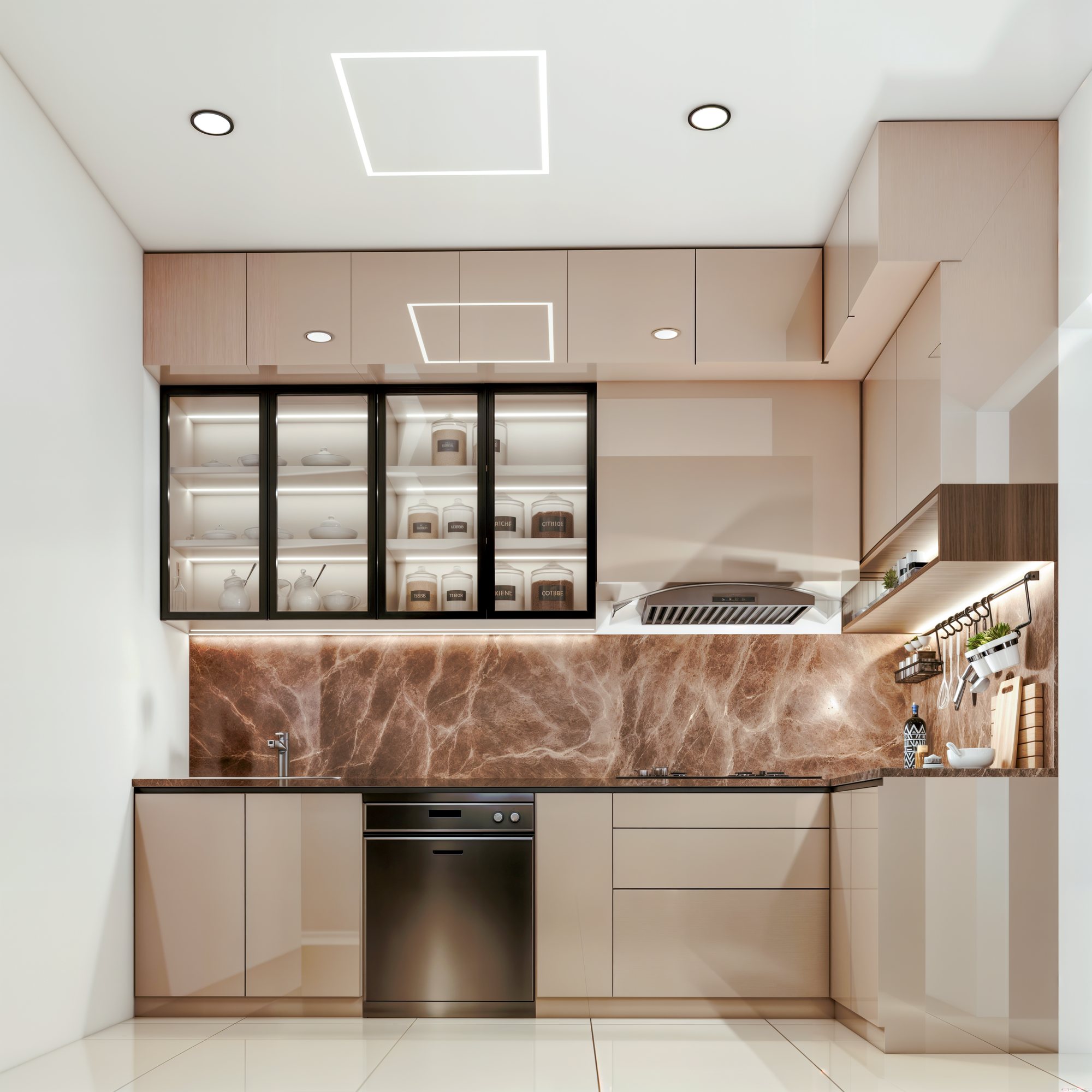 Modern kitchen with warm marble backsplash